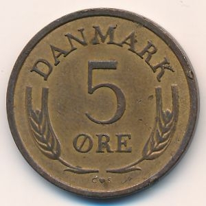 Монета 5 эре. 1970г. Дания. C.S. (F)