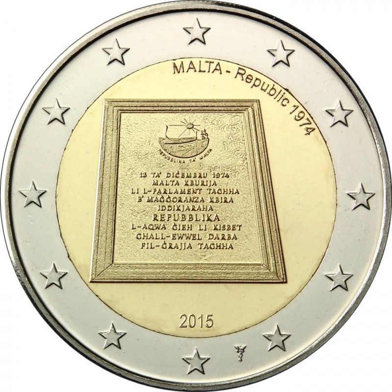 Монета 2 евро. 2015г. Мальта. 5-я монета «Конституция Мальты - Республика 1974 года». (UNC)