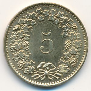 Монета 5 раппенов. 1986г. Швейцария. (F)