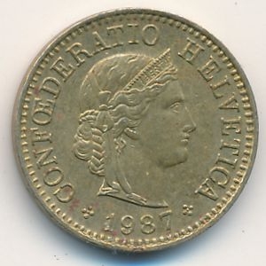 Монета 5 раппенов. 1987г. Швейцария. (F)
