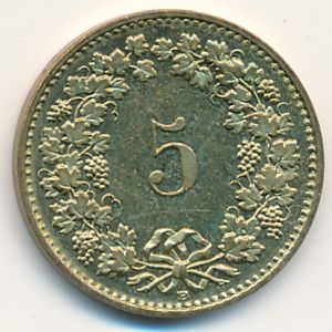 Монета 5 раппенов. 2013г. Швейцария. (F)