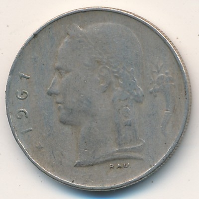 Монета 1 франк. 1961г. Бельгия. Надпись на французском - 'BELGIQUE'. (F)