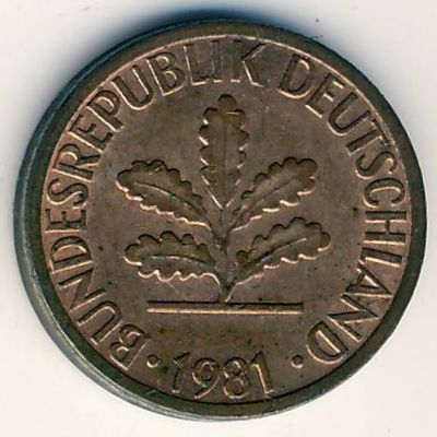 Монета 1 пфенниг. 1981г. ФРГ. Дубовые листья. (J). (F)