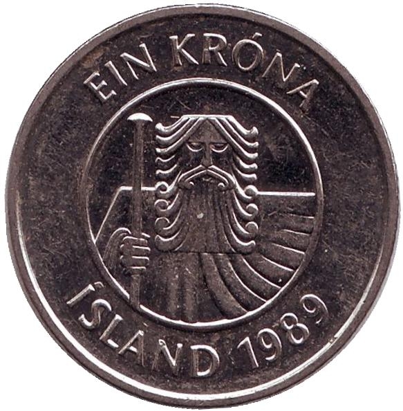 Монета 1 крона. 1989г. Исландия. Треска. (F)