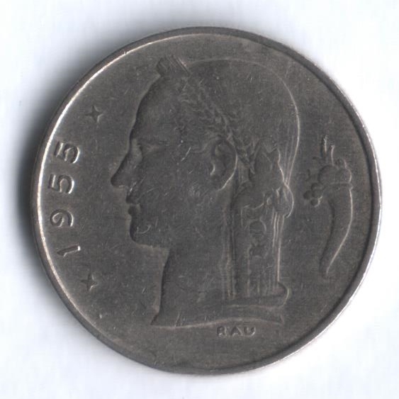 Монета 1 франк. 1955г. Бельгия. Надпись на голландском - 'BELGIË'. (F)