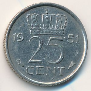 Монета 25 центов. 1951г. Нидерланды. (F)