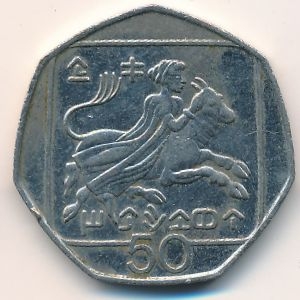 Монета 50 центов. 2004г. Кипр. Похищение Европы. (VF)
