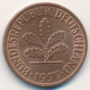 Монета 2 пфеннига. 1977г. ФРГ. Дубовые листья. (J). (F)