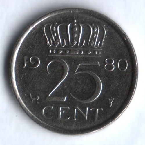 Монета 25 центов. 1980г. Нидерланды. (F)