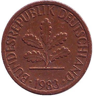 Монета 1 пфенниг. 1983г. ФРГ. Дубовые листья. (D). (F)