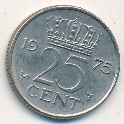 Монета 25 центов. 1975г. Нидерланды. (F)