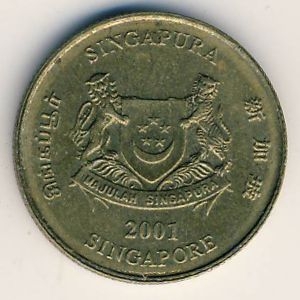 Монета 5 центов. 2001г. Сингапур. Гибискус. (F)