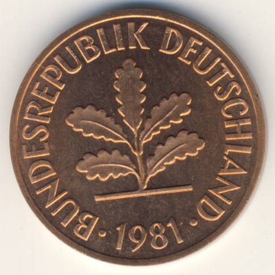 Монета 2 пфеннига. 1981г. ФРГ. Дубовые листья. (J). (F)