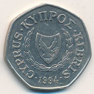 Монета 50 центов. 1994г. Кипр. Похищение Европы. (F)