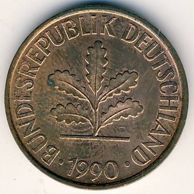 Монета 2 пфеннига. 1990г. ФРГ. Дубовые листья. (D). (F)