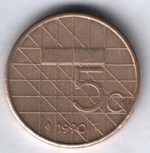 Монета 5 гульденов. 1990г. Нидерланды. (F)