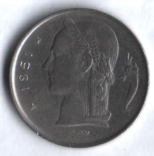 Монета 1 франк. 1951г. Бельгия. Надпись на французском - 'BELGIQUE'. (F)