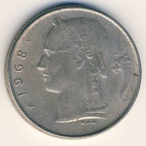 Монета 1 франк. 1968г. Бельгия. Надпись на французском - 'BELGIQUE'. (F)