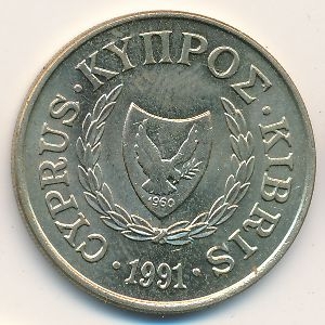 Монета 20 центов. 1991г. Кипр. Древнегреческий философ Зенон. Кипр. (F)