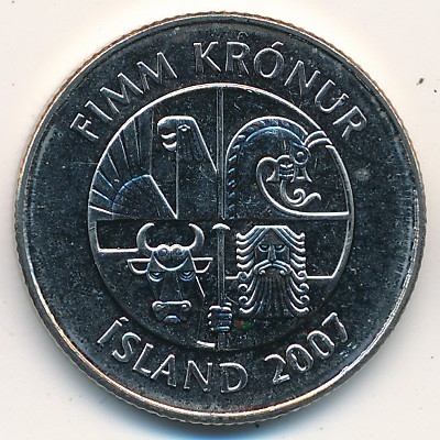 Монета 5 крон. 2007г. Исландия. Дельфины. (F)