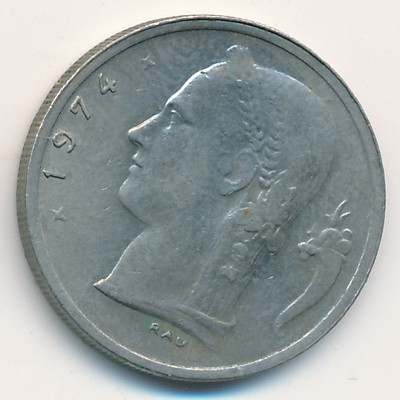 Монета 1 франк. 1974г. Бельгия. Надпись на французском - 'BELGIQUE'. (F)