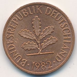 Монета 2 пфеннига. 1982г. ФРГ. Дубовые листья. (J). (F)