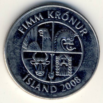 Монета 5 крон. 2008г. Исландия. Дельфины. (F)