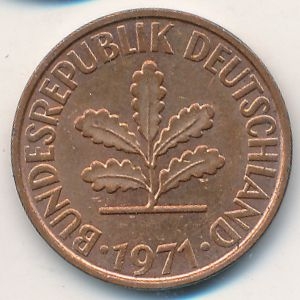 Монета 2 пфеннига. 1971г. ФРГ. Дубовые листья. (G). (F)