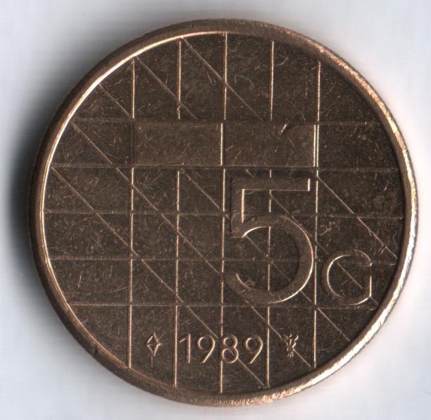 Монета 5 гульденов. 1989г. Нидерланды. (F)