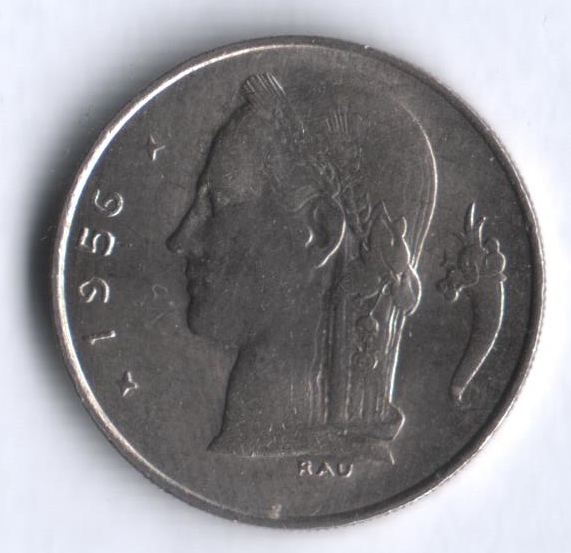 Монета 1 франк. 1956г. Бельгия. Надпись на голландском - 'BELGIË'. (F)