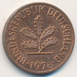 Монета 2 пфеннига. 1976г. ФРГ. Дубовые листья. (J). (F)