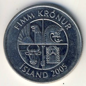 Монета 5 крон. 2005г. Исландия. Дельфины. (F)