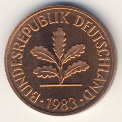 Монета 2 пфеннига. 1983г. ФРГ. Дубовые листья. (J). (F)