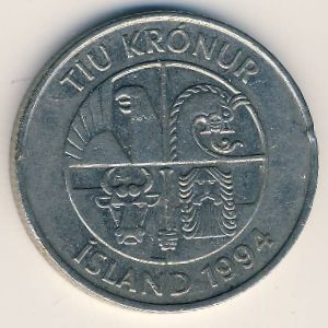 Монета 10 крон. 1994г. Исландия. Рыбы. (F)