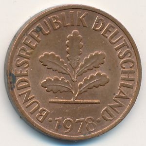 Монета 2 пфеннига. 1978г. ФРГ. Дубовые листья. (F). (F)