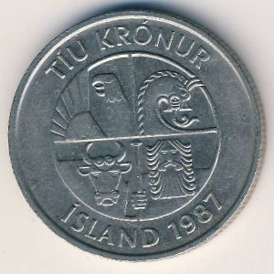 Монета 10 крон. 1987г. Исландия. Рыбы. (F)