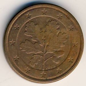 Монета 1 евроцент. 2002г. Германия. (J). (F)