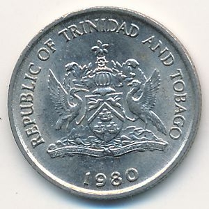 Монета 10 центов. 1980г. Тринидад и Тобаго. Огненный гибискус. (F)