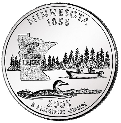 Монета квотер США. 2005г. (D). Minnesota 1858. UNC