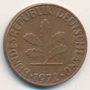 Монета 2 пфеннига. 1972г. ФРГ. Дубовые листья. (F). (F)