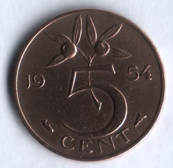 Монета 5 центов. 1954г. Нидерланды. Рыбка. (F)