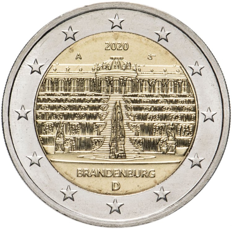 Монета 2 евро. 2020г. Германия. «Бранденбург. Дворец Сан-Суси в Потсдаме». (А). (UNC)