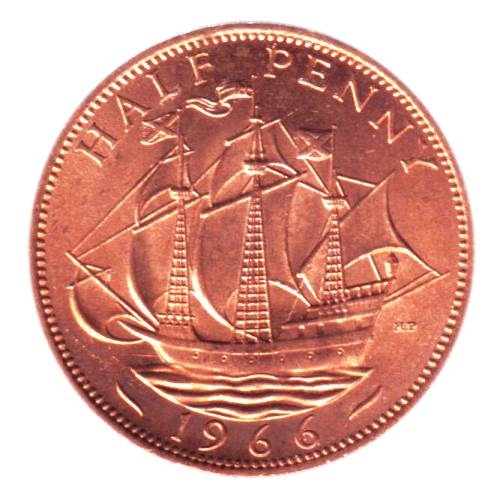 Монета 1/2 пенни. 1966г. Великобритания. Золотая лань. (F)