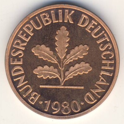 Монета 2 пфеннига. 1980г. ФРГ. Дубовые листья. (G). (F)