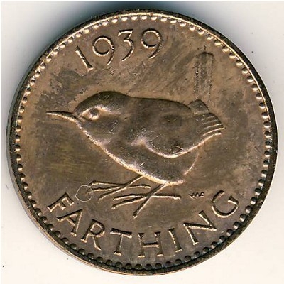 Монета 1 фартинг. 1939г. Великобритания. Королек. (F)