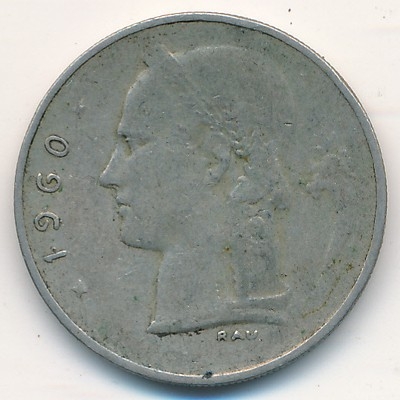 Монета 1 франк. 1960г. Бельгия. Надпись на голландском - 'BELGIË'. (F)