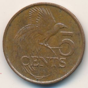 Монета 5 центов. 2015г. Тринидад и Тобаго. Райская птица. (VF)