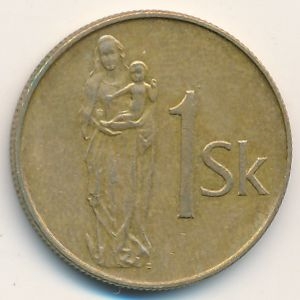 Монета 1 крона. 1993г. Словакия. «Мадонна с младенцем». (F)