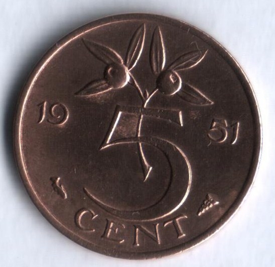 Монета 5 центов. 1951г. Нидерланды. Рыбка. (F)