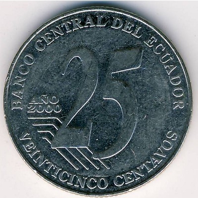 Монета 25 сентаво. 2000г. Эквадор. «Хосе Хоакин де Ольмедо». (F)